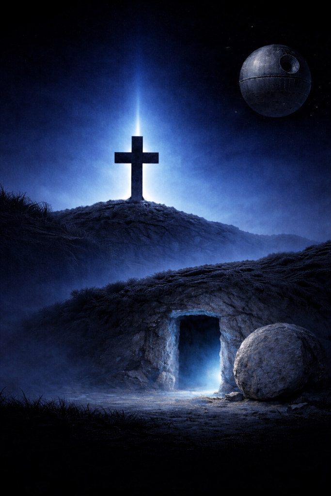 Glowing cross and ancient tomb